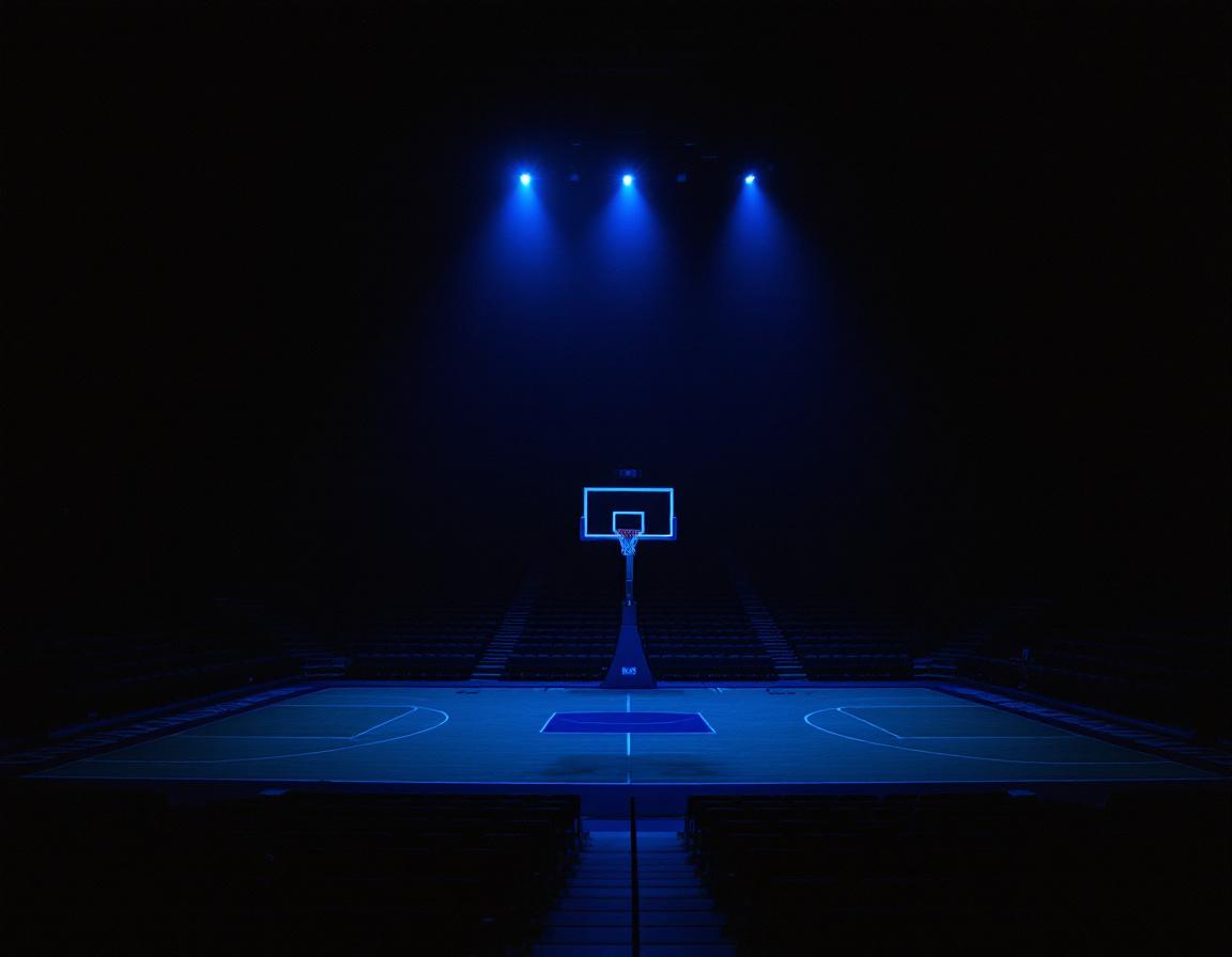 An empty basketball arena receding into darkness — representing the moment of identity transition when the athlete role ends and a deeper self must be found. The arena that shaped Bianca D. McCall, LMFT.