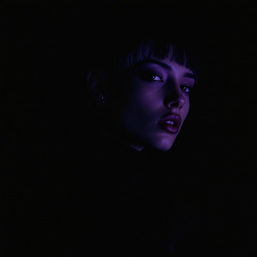 A non-binary person with a knowing expression under violet-mid light, representing THEY'RE HERR — the inner voice has no gender.