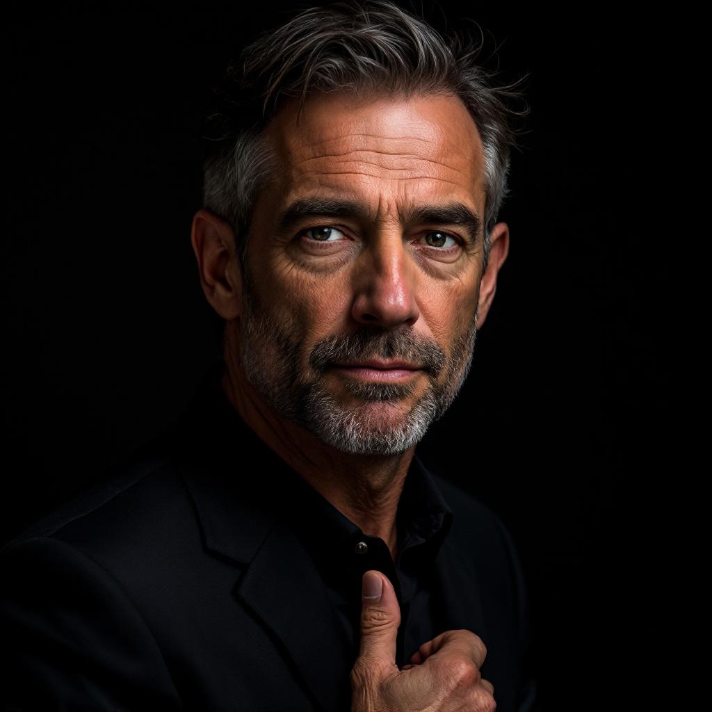 A White man in his fifties with executive presence, hand on chest, eyes closed, in gold light against near-black, representing I'M HERR MAN — a direct masculine identity claim.