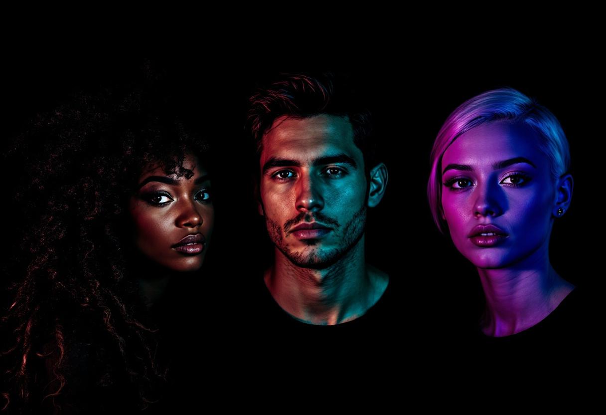 An Indigenous-presenting person in sovereign stillness with a direct gaze in cobalt and gold light, representing WE'RE HERR — community and movement language.