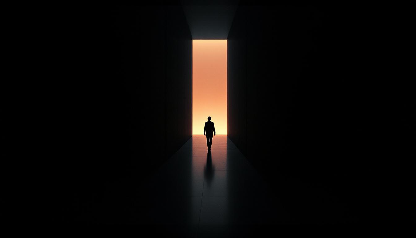 A human figure walking toward a distant light through a dark corridor, representing the threshold moment of beginning the HERR reprogramming journey.