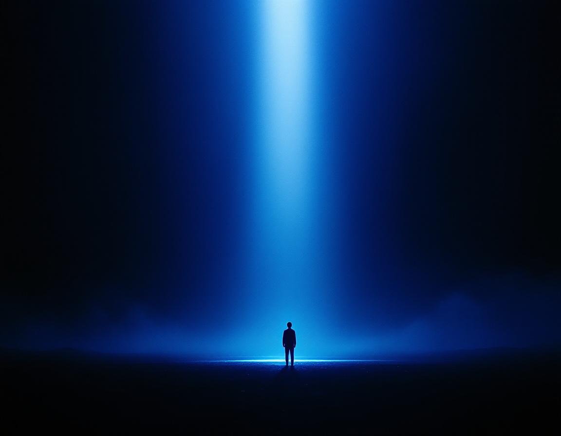 Abstract cinematic portrait representing the existential dimension of HERR — a human figure dwarfed by infinite dark space, confronting questions of meaning and purpose.