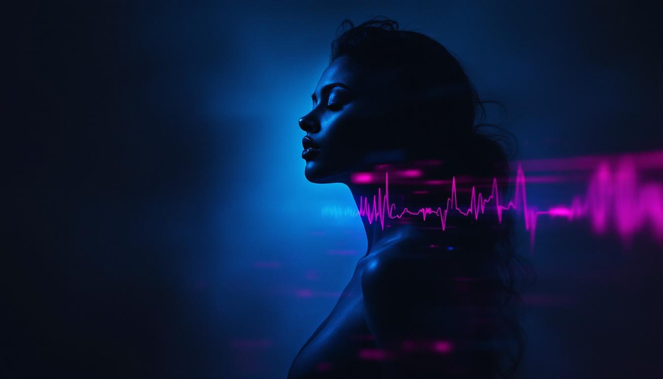 A double-exposure portrait — one figure lit in cobalt, one in pink, overlapping in stillness. Representing the two phases of HERR: Regulate and Reprogram.