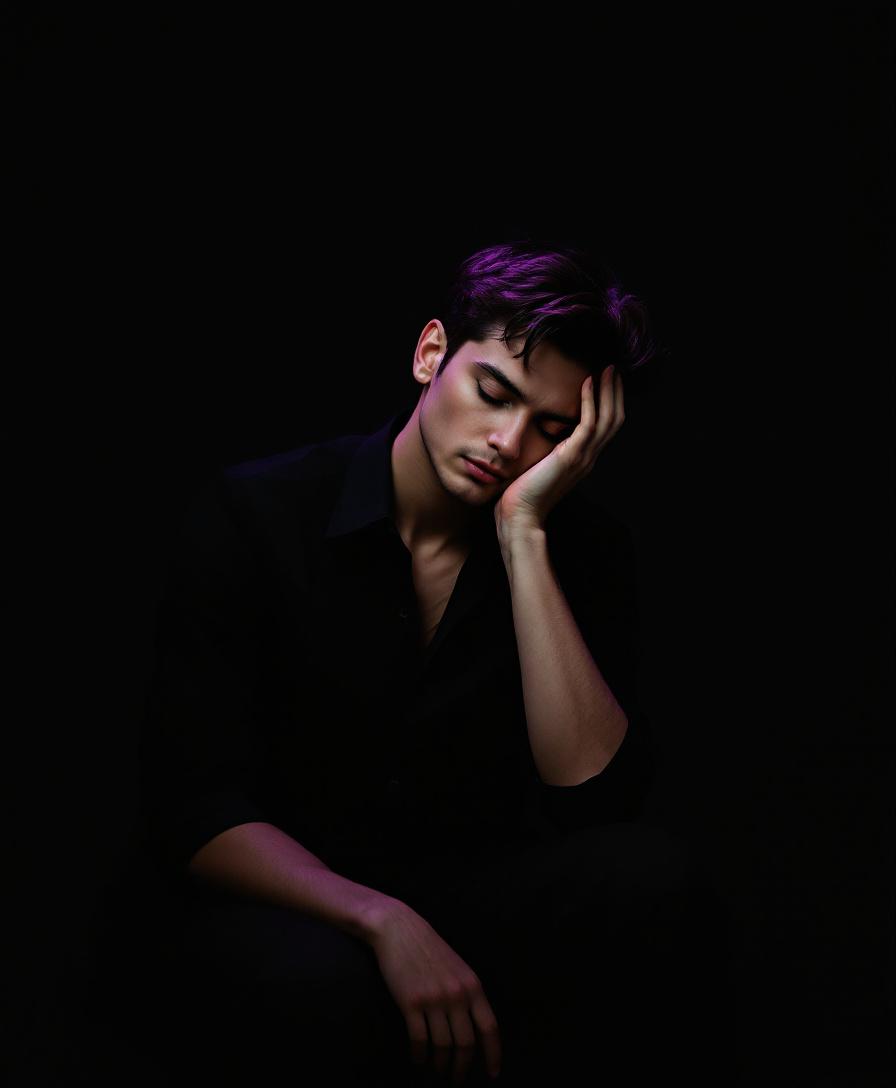 A contemplative figure in violet light, head slightly bowed, representing the clinical assessment phase of HERR — surfacing existential concerns at the point of onset.