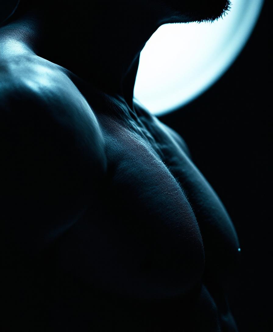 A figure mid-breath, lit in cobalt from the side, chest expanded — representing the nervous system regulation phase of HERR, the prerequisite before reprogramming.