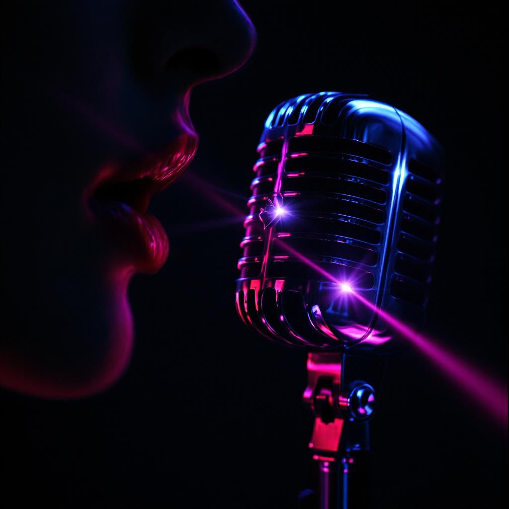 A close-up of a professional microphone in magenta-pink light, representing the voice cloning step of HERR — where the member's voice is captured and transformed into a personal reprogramming instrument.