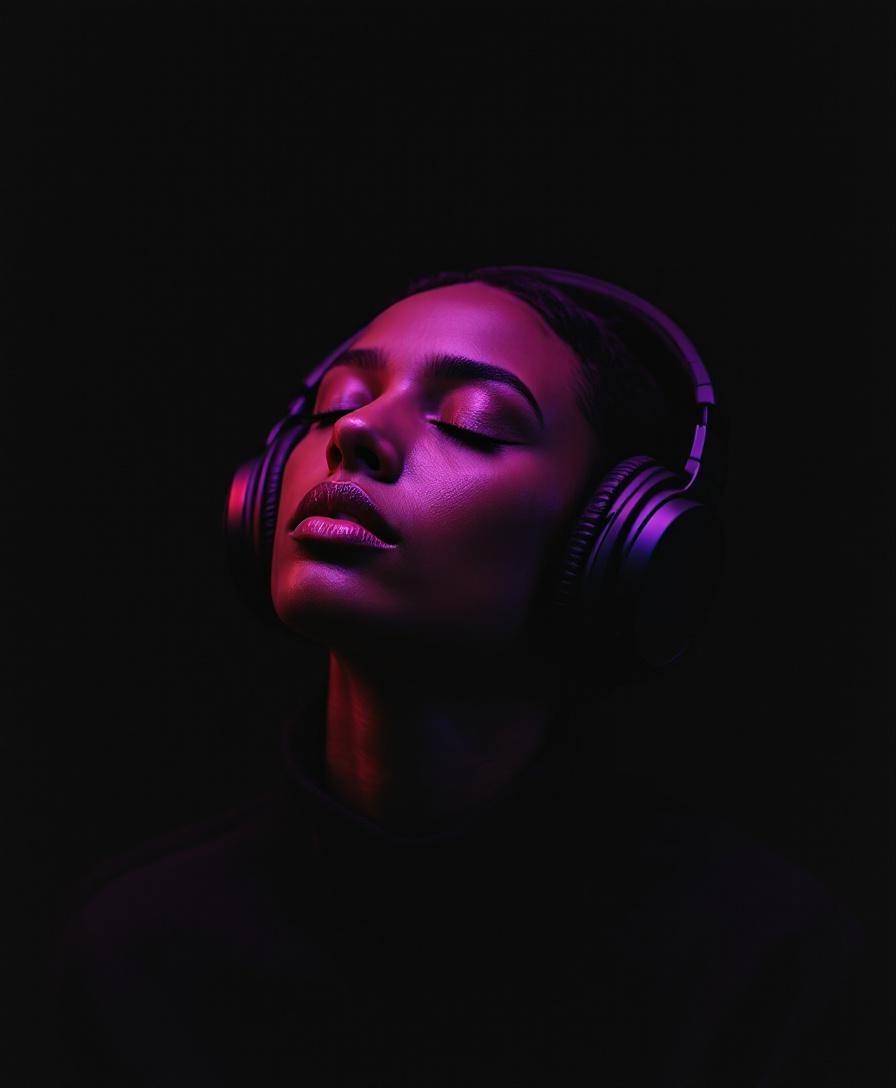 A person wearing headphones with eyes closed, lit in violet and pink, in a state of deep absorption — representing the daily reprogramming phase of HERR, where personalized I AM declarations are received.